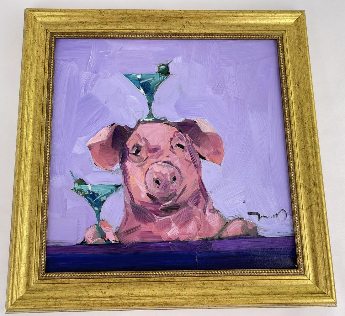 Jose Trujillo Oil Painting Dirty Martinis: 17 1/2" by 17 1/2" framed. Title is Dirty Martinis. Jose Trujillo (1982-Present) Tucson Arizona.