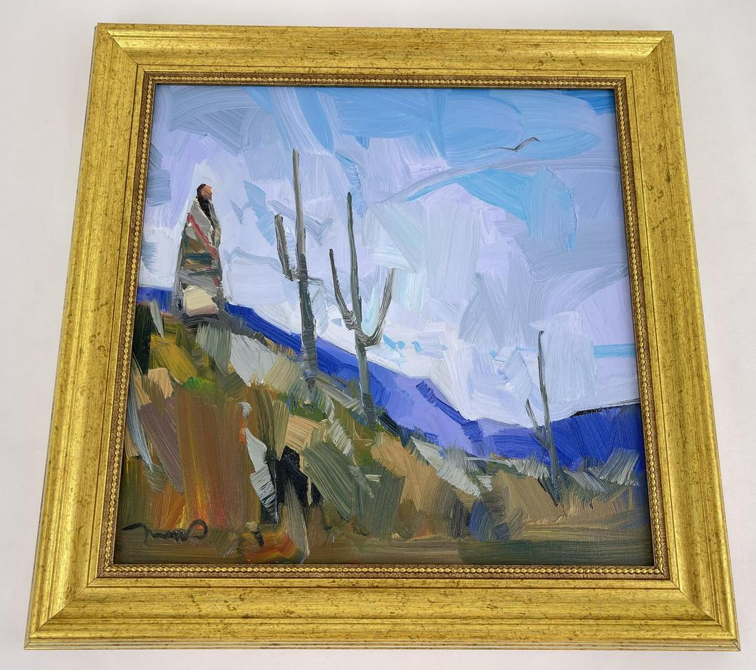 Jose Trujillo Oil Painting Native American Indian: 17 1/2" by 17 1/2" framed. Title is Overlooking the Land. Jose Trujillo (1982-Present) Tucson Arizona.