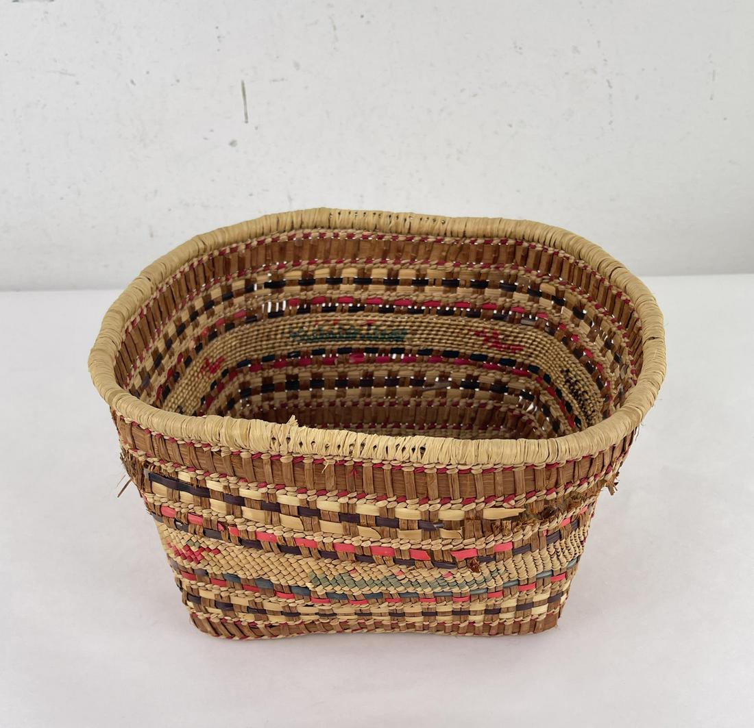 Makah Northwest Coast Native American Basket: 11" by 9 1/4" by 5 7/8" tall. Damaged.