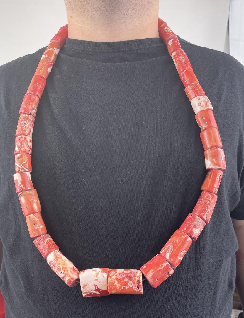 Giant Red Nigerian Coral Trade Bead Necklace: Huge and Chunky. Quite the Statement Necklace. Weighs 1017 grams.
