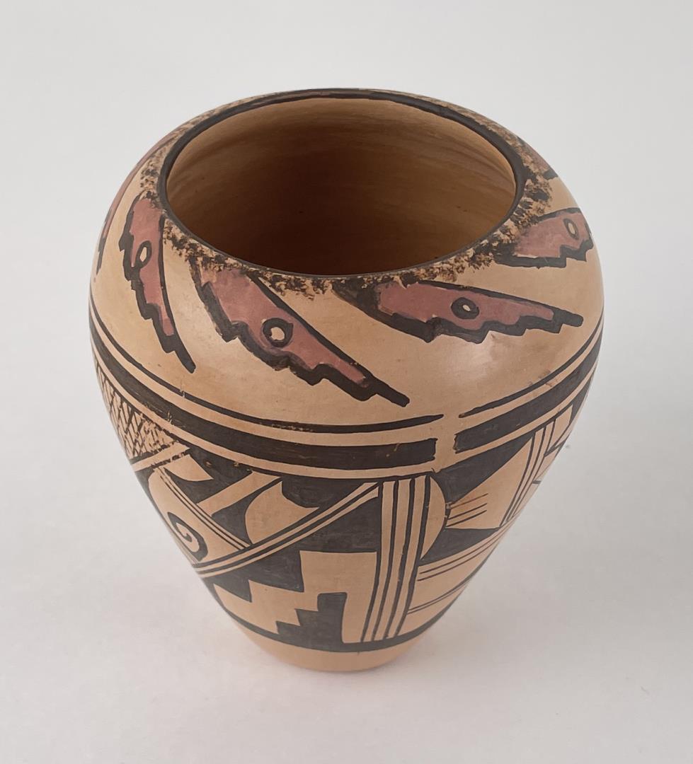 Barbara Polacca Hopi Indian Spider Clan Pot: 4 1/4" diameter, 4 5/8" tall. Spider Clan signed with BP for Barbara Polacca.