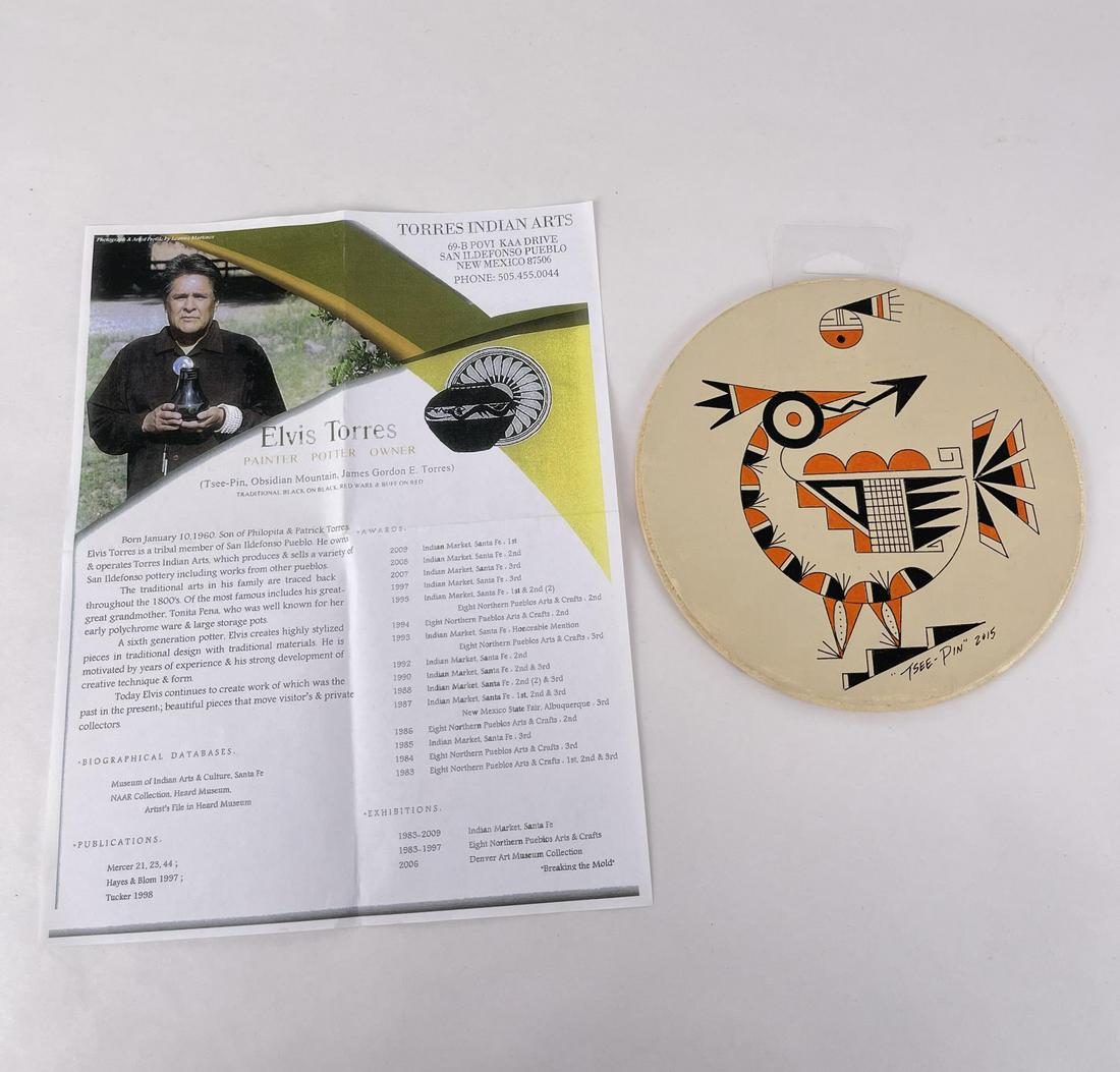 Elvis Torres San Ildefonso Pueblo Wood Plaque: 7" diameter.