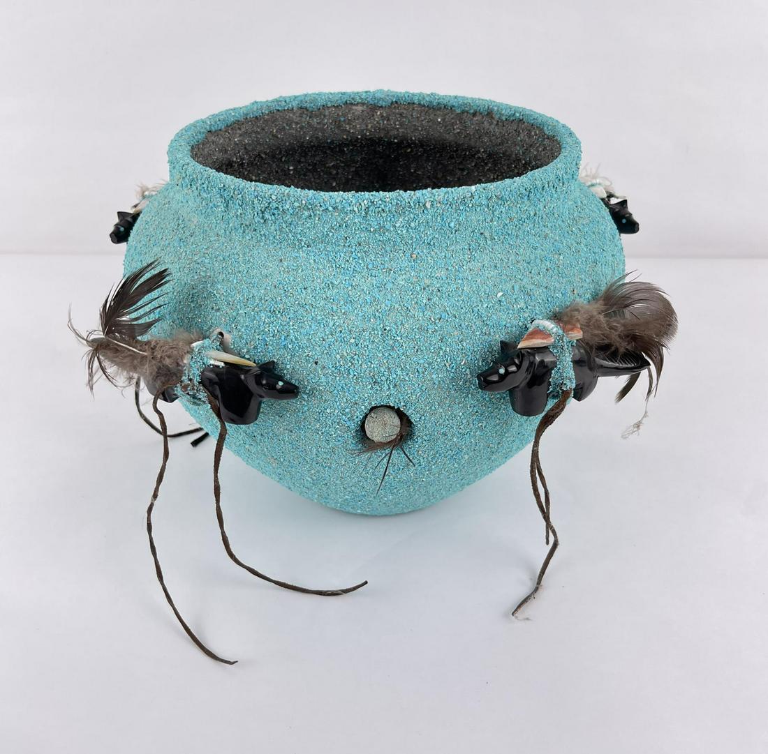 Zuni Indian Turquoise Covered Wolf Fetish Pot (1 of 6)