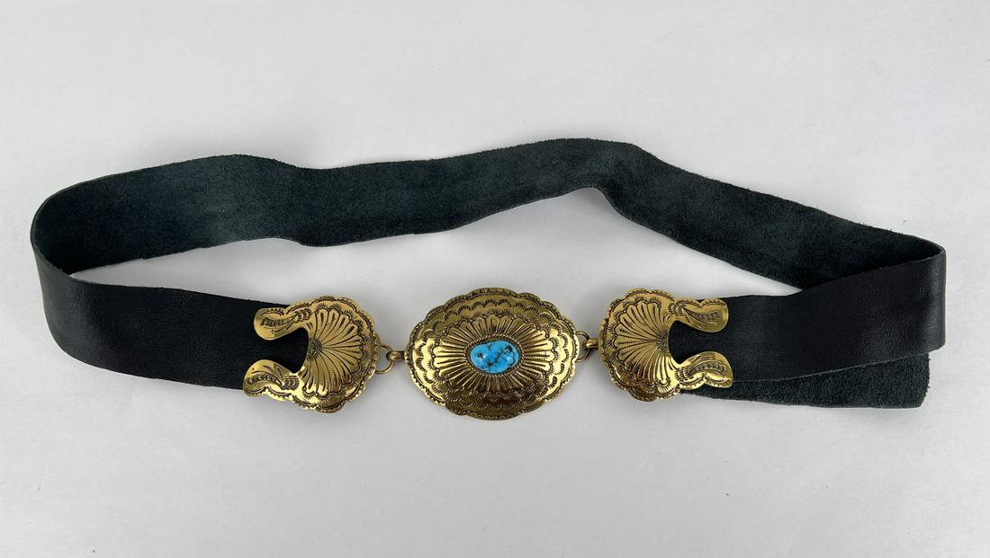 Navajo Brass and Turquoise Concho Belt: 36" long. Allard Auction Collection Inv: NGL 45044