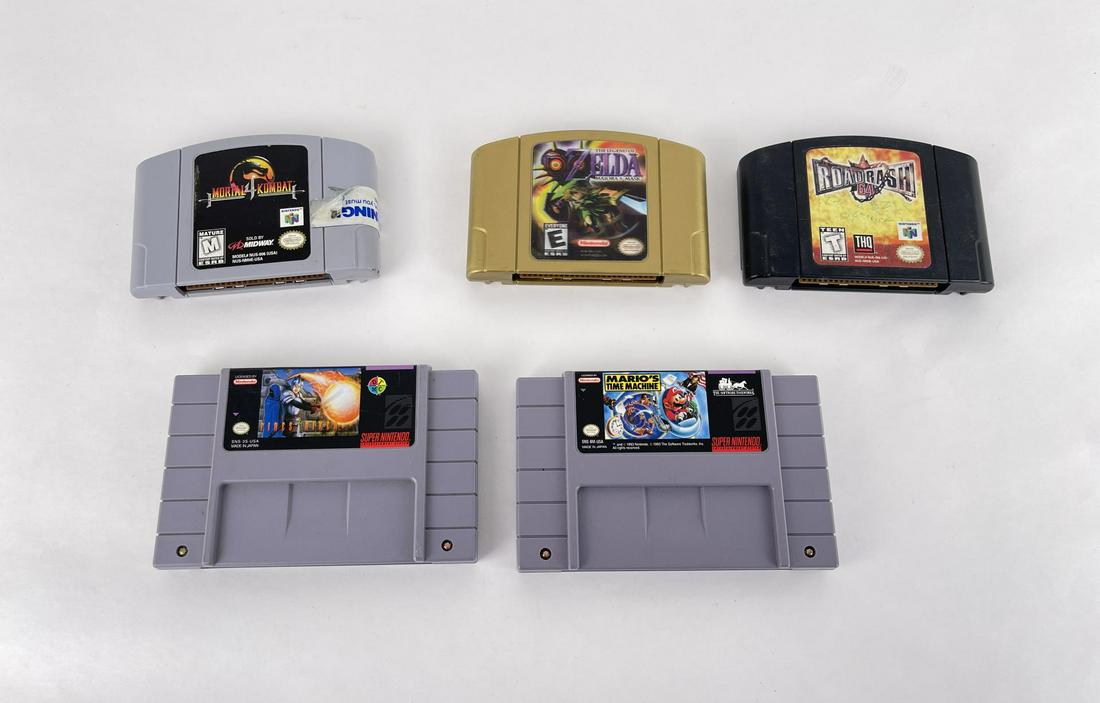 SNES and Nintendo N64 Video Games: Mario's Time Machine, Fire Striker, Mortal Kombat 4, Zelda Majora's Mask, Roadrash 64