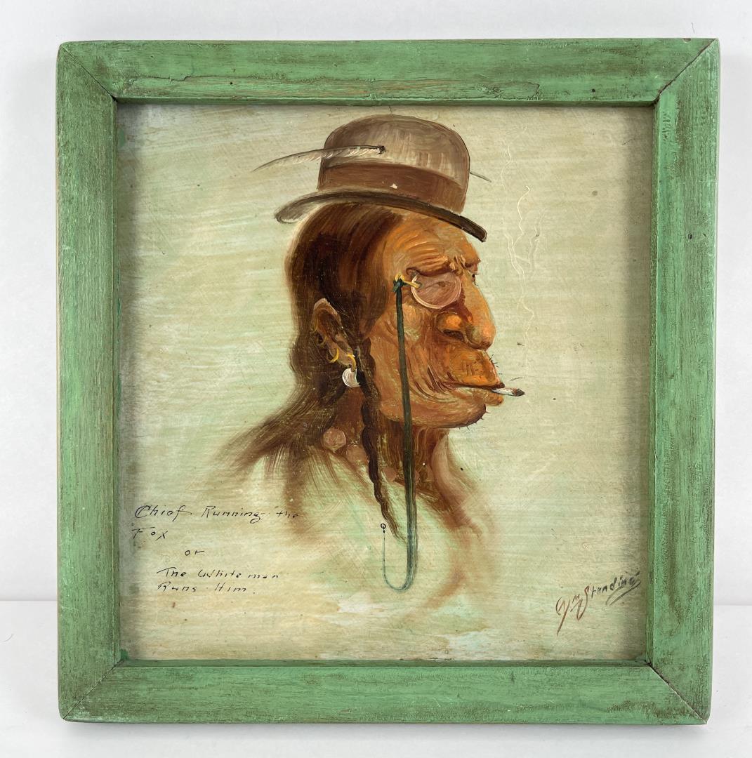 William Standing Montana Oil on Board Painting: Title is Chief Running the Fox or The White Man Runs Him. Original frame. 10" by 10" framed. William Standing (1904 - 1951) was active/lived in Montana. William Standing is known for Horse, landscape,
