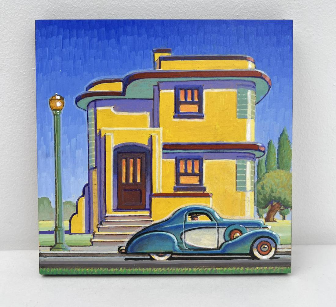 Robert LaDuke Oil on Board Painting: Title is Art Deco. 6" by 6" unframed. Robert W. LaDuke (Born 1961) is active/lives in California, Massachusetts. Robert LaDuke is known for Nostalgia, cityscapes, automobiles. Robert LaDuke's narrativ