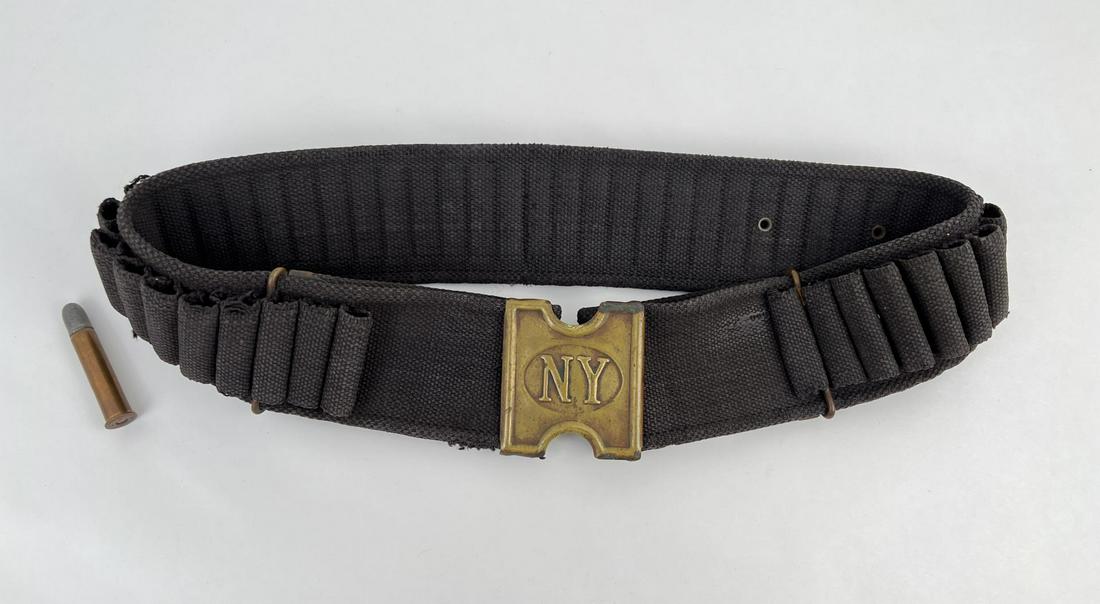 Indian Wars Mills Blue Cartridge Belt: Nice Example, marked as shown. Shipment to NY and CA requires an FFL Dealer.