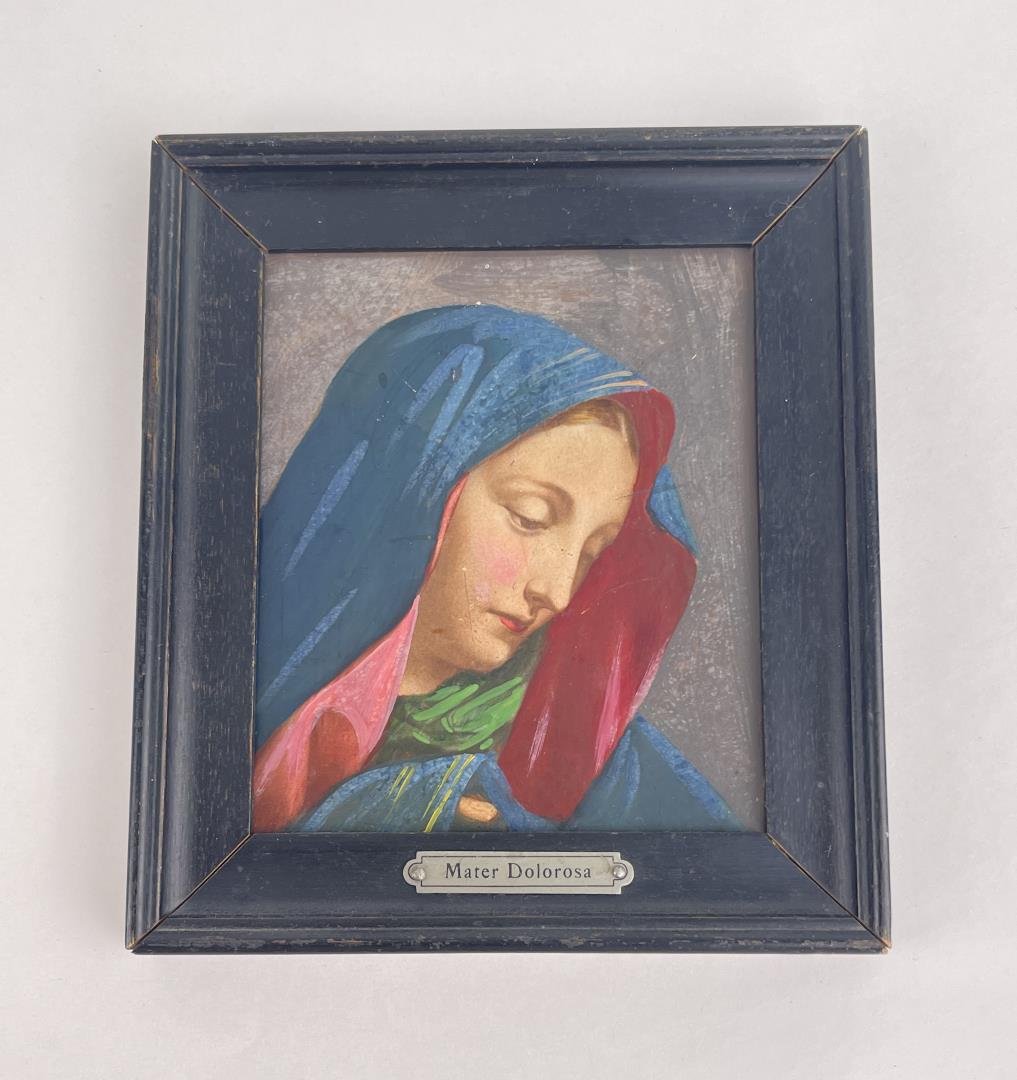 Antique Mexican Folk Art Retablo Painting: Spanish Colonial Period. Title is Mater Dolorosa or Sorrowful Mother. 4 1/2" by 5" framed.