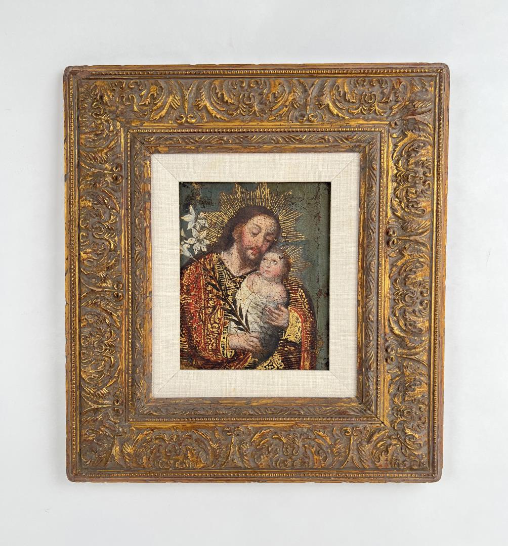 Antique Mexican Folk Art Retablo Painting: Spanish Colonial Period. Title is Saint Joseph and Child. 14 1/8" by 15 3/4" framed.