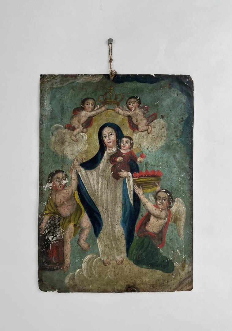 Antique Mexican Folk Art Retablo Painting: Spanish Colonial Period. Title is Our Lady of the Light. 10" by 14".