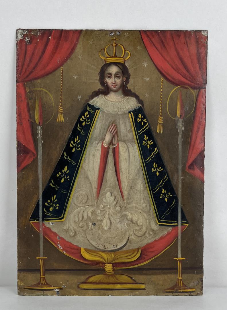 Antique Mexican Folk Art Retablo Painting: Spanish Colonial Period. Title is Patron Saint of Santa Fe. 5" by 7". From the Fred Rosenstock Collection.