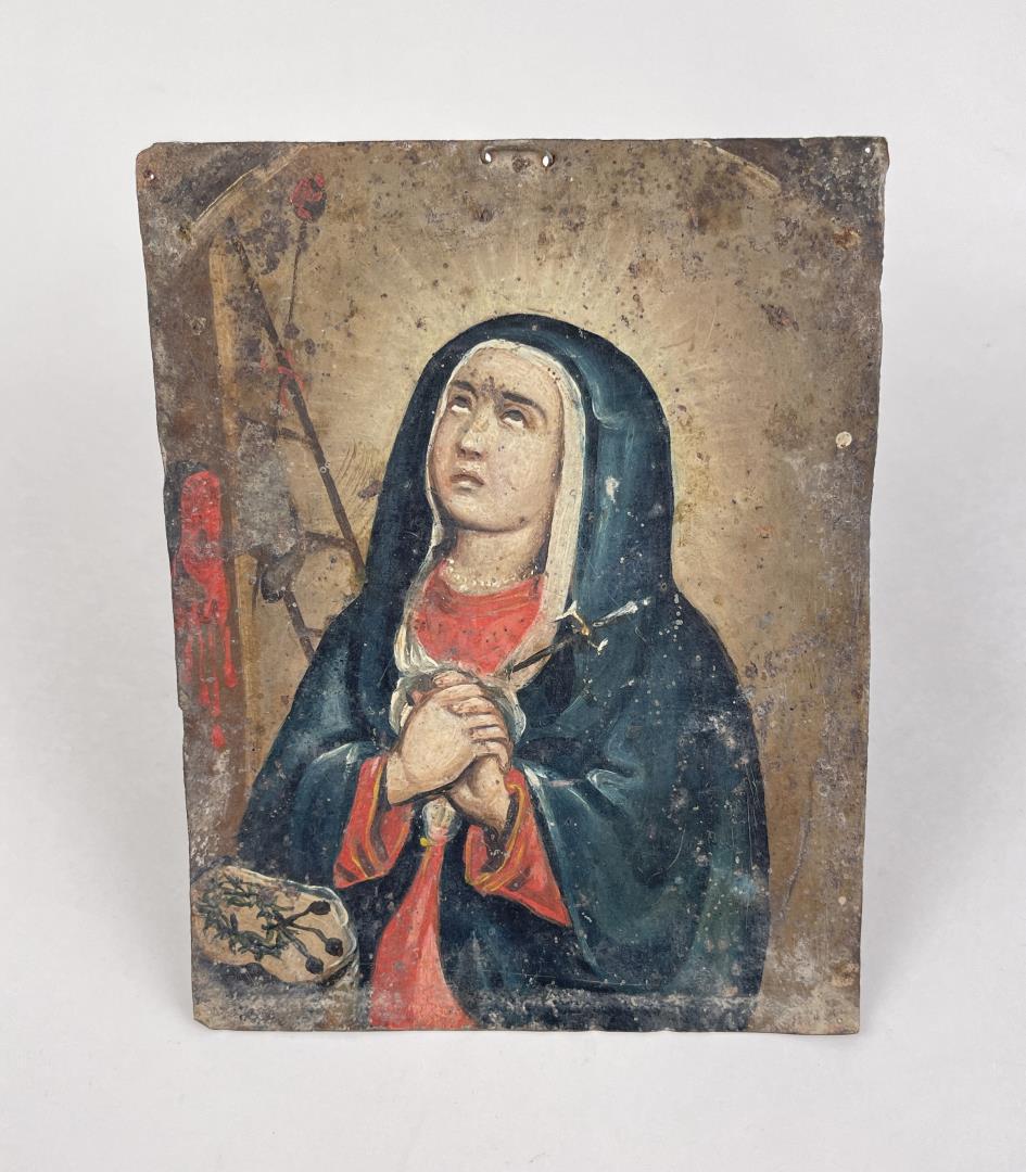 Antique Mexican Folk Art Retablo Painting: Spanish Colonial Period. Title is Mater Dolorosa or Sorrowful Mother. 5" by 6 3/4".