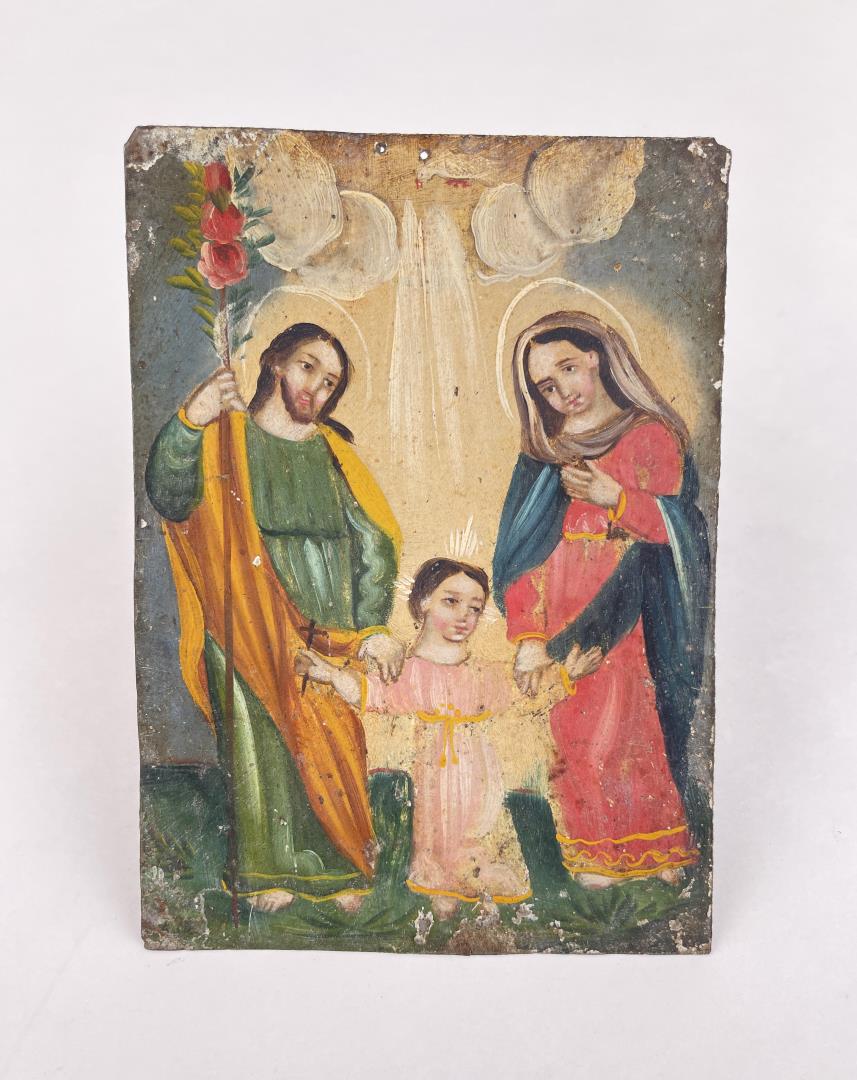 Antique Mexican Folk Art Retablo Painting: Spanish Colonial Period. Title is The Holy Family. 5" by 7" framed.
