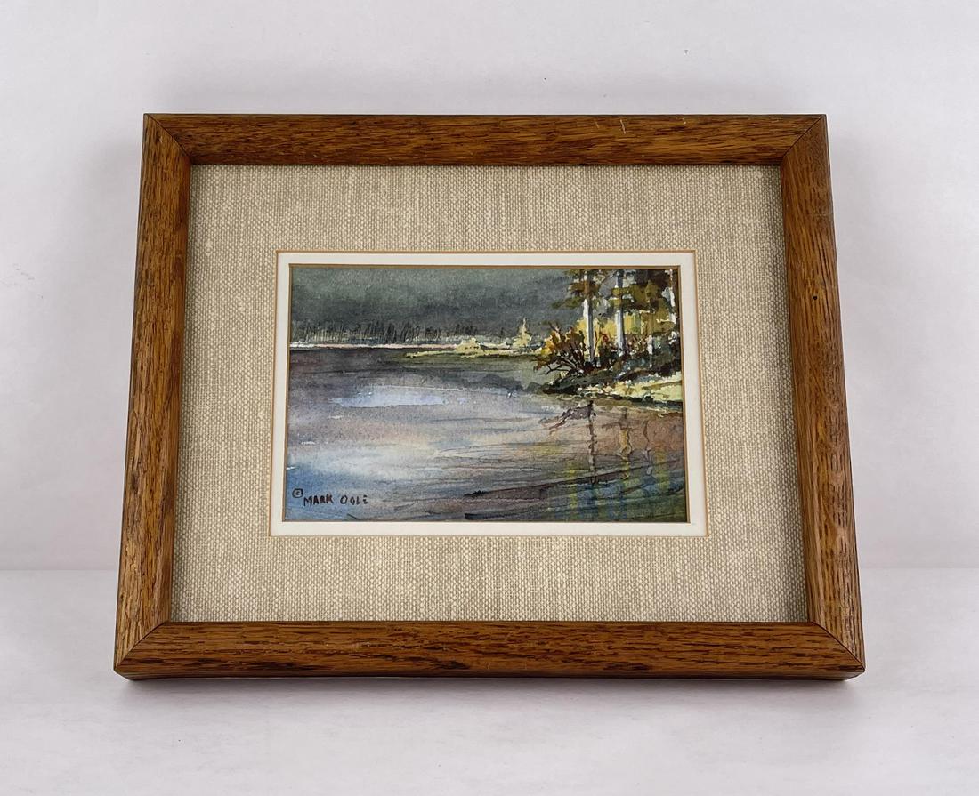 Mark Ogle Glacier Park Montana Watercolor Painting: 9" by 11" framed. Mark Ogle (Born 1952) is active/lives in Montana. Mark Ogle is known for Glacier National Park landscape painting. Mark Ogle, based in Kalispell, Montana was born in Helena, Montana