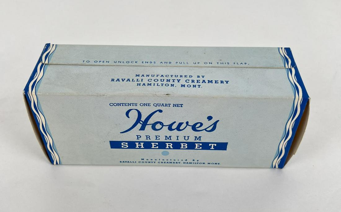 Howe's Premium Sherbert Ice Cream Box Montana: Ravalli County Creamery. Hamilton Montana.