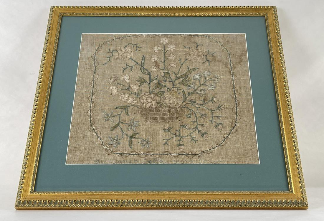 Susannah Oellig Pennsylvania Sampler: Note says it was made by Susannah Oellig in 1825. It has had extensive conservation/preservation and stabilization work done as shown. Receipts, notes, and photos included. 22 3/8" by 24 1/2" framed.