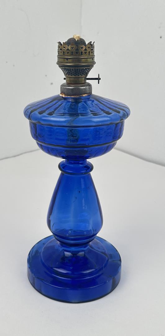 Antique Blown Glass Kerosene Oil Lamp: 12 7/8" tall. Cracked as shown.