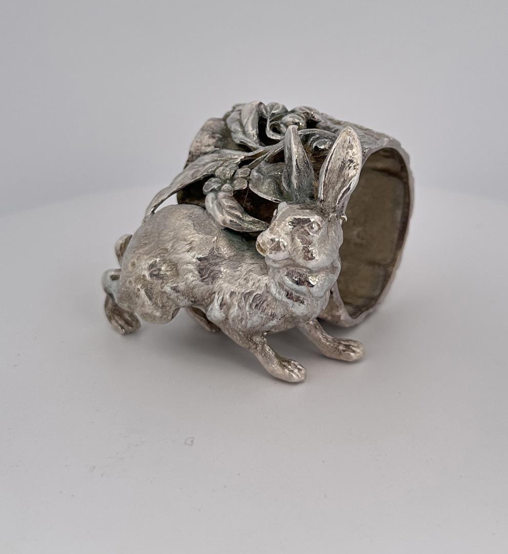 Victorian Silver Plate Rabbit Napkin Ring: 2 5/8" long, 2" tall. Very nice piece.