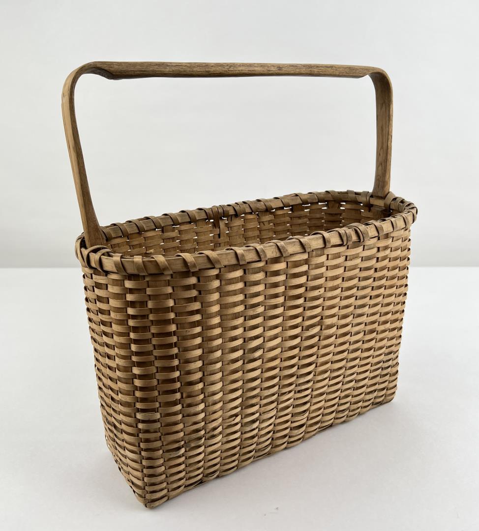 Antique Shaker Splint Gathering Basket: 14" tall, 13 1/4" long, 6 3/4" wide.