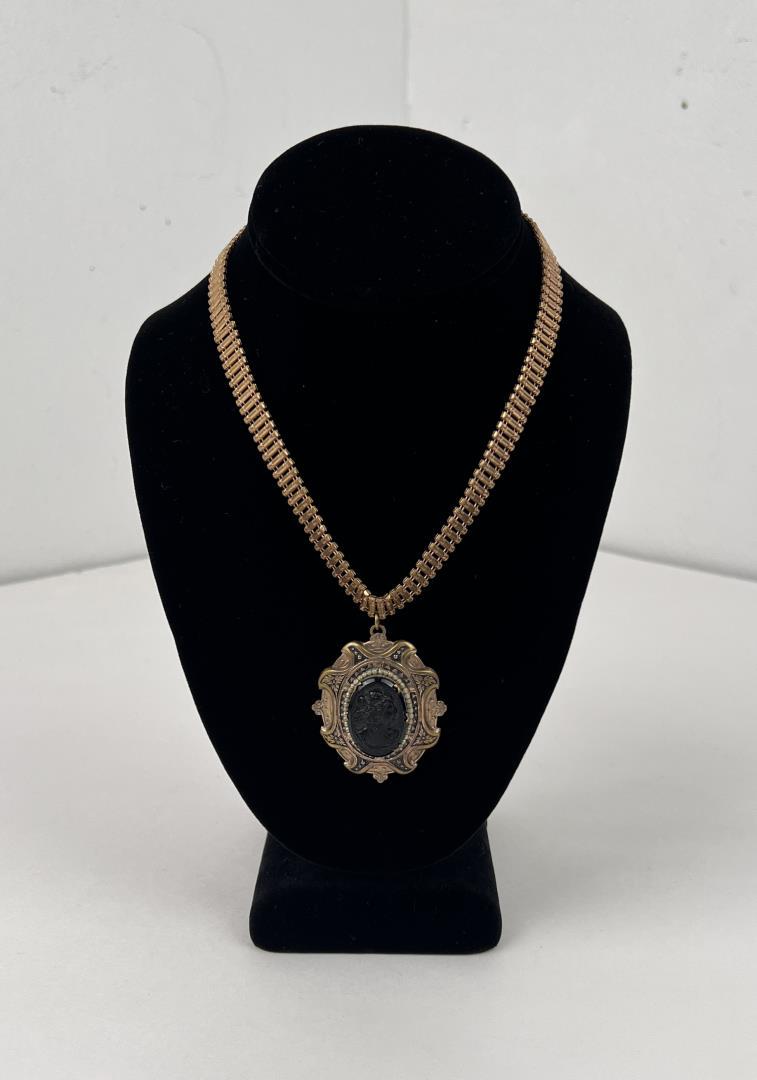 Victorian Gold Filled Cameo Mourning Necklace: 16 1/4" long, 2 1/2" wide. Very nice old piece.