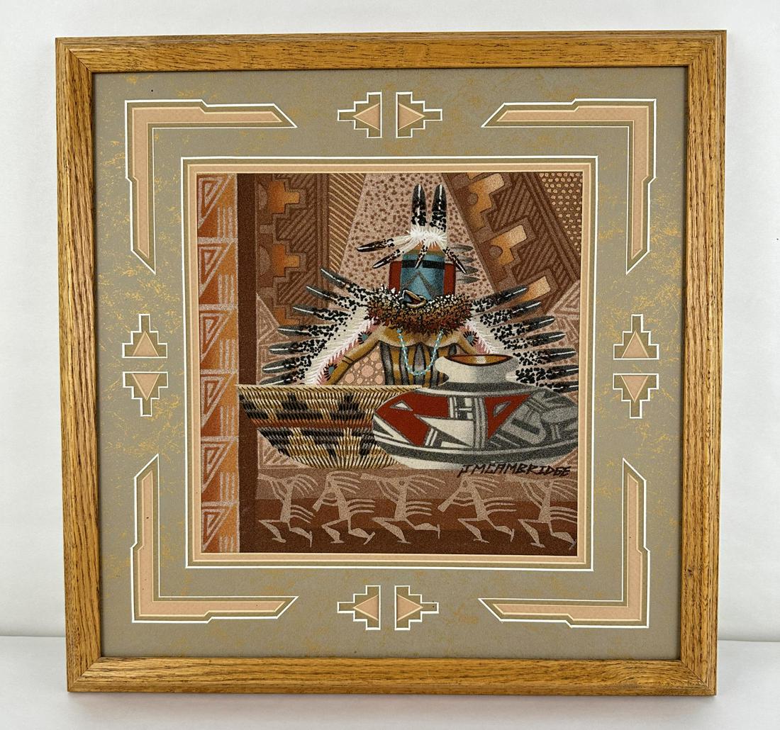 James Cambridge Navajo Sand Painting: 20 5/8" by 20 5/8" framed. James Cambridge (Born 1954) is known for Painting, Southwest.