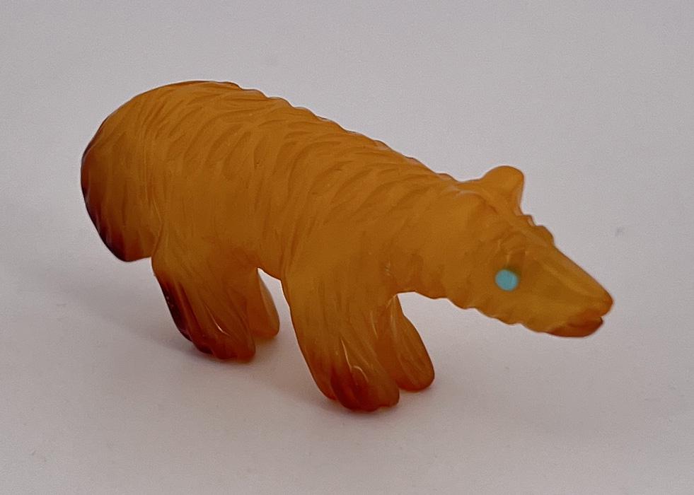 Zuni Carved Carnelian Bear Fetish: 1 1/2" long, 3/4" tall, 1/4" wide, 2.69 grams.