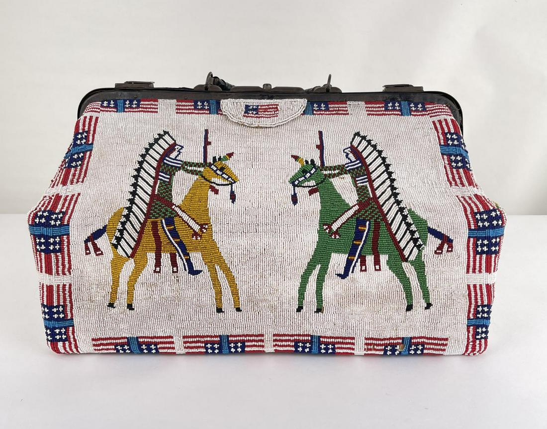 Sioux Native American Indian Beaded Doctors Bag: Inside of bag says S.M. Dick Lily South Dakota. 15 1/2", 7 7/8" long, 7 3/4" wide. Very nice ornate and fully beaded bag. Allard Auction Collection Inv: AX