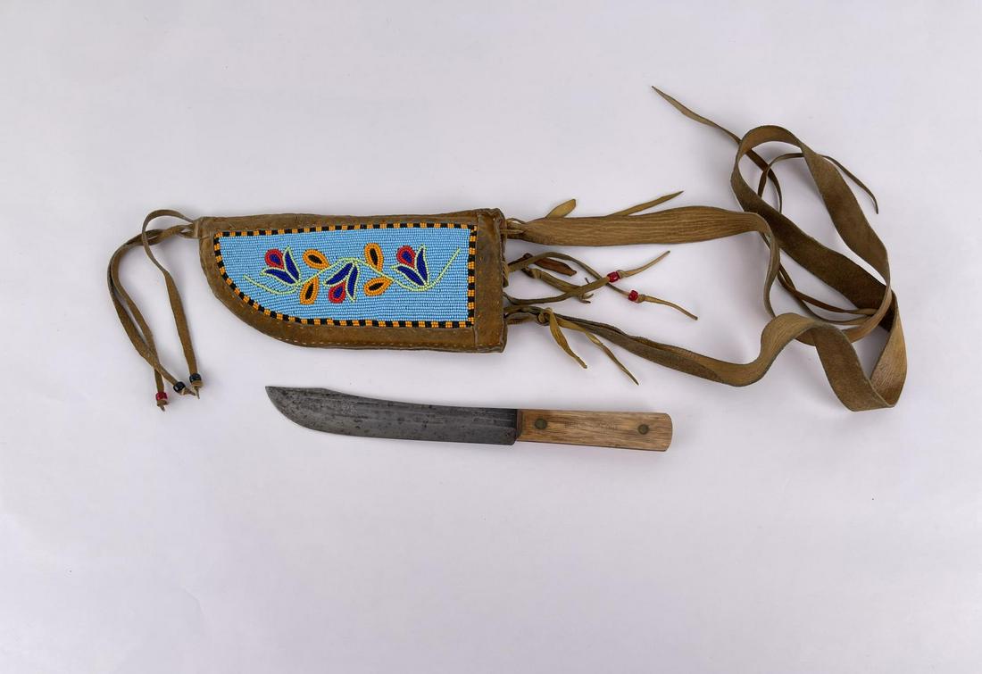 Metis Cree Beaded Knife Sheath: Very nice sheath with shoulder strap. Second half of the 20th Century. Allard Auction Collection Inv: LSZ 32116