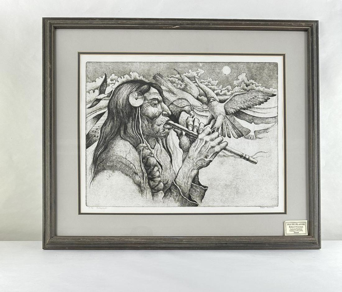 Robert Freeman Flute Player Etching: 26" by 31 1/4" framed Allard Auction Collection Inv: KAP 28437