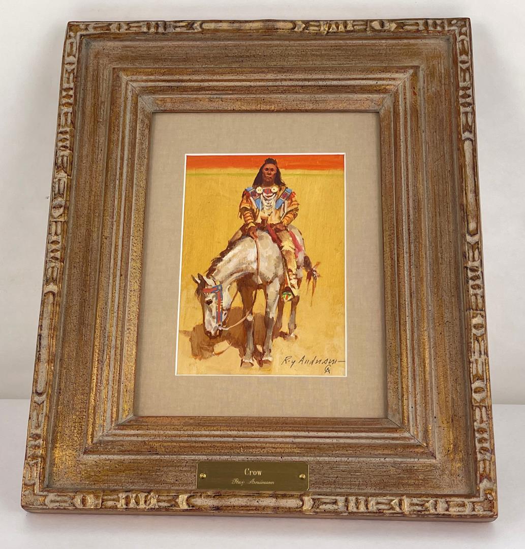 Roy Andersen Oil on Board Painting: 15" by 12 1/2" framed. Title is Crow. 5" by 7" unframed. Roy H. Andersen (1930 - 2019) was active/lived in Arizona, New Hampshire. Roy Andersen is known for Indian-western genre, landscape, mural. Kno