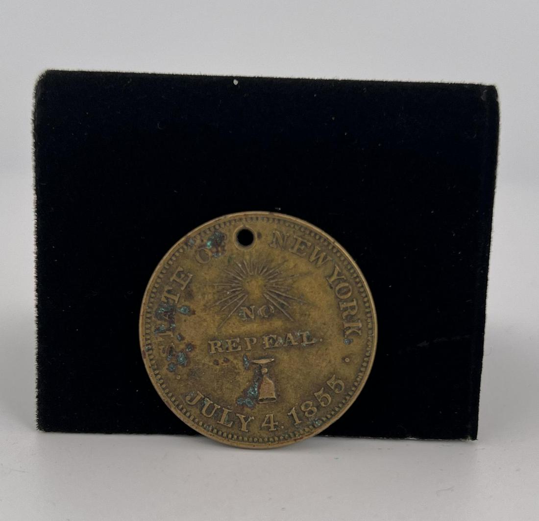1855 New York State Prohibition Token: Drilled as shown.