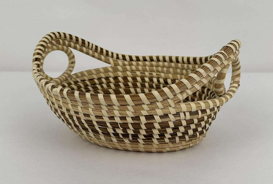 Charleston Gullah Sweetgrass South Carolina Basket: 11 1/8" by 10 5/8" by 6 1/4".