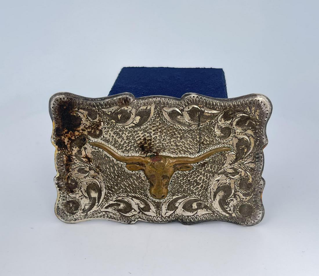 1950s Sterling Silver Cowboy Belt Buckle Longhorn: 3 1/2" long.