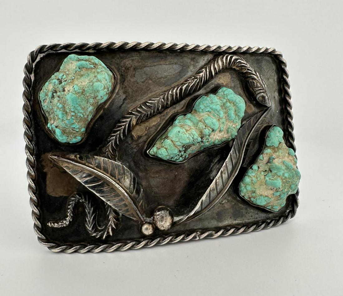 Navajo Sterling Silver Turquoise Belt Buckle: 2 1/4" by 3 1/2". Norman Sandfield Collection Inv: NO TAG