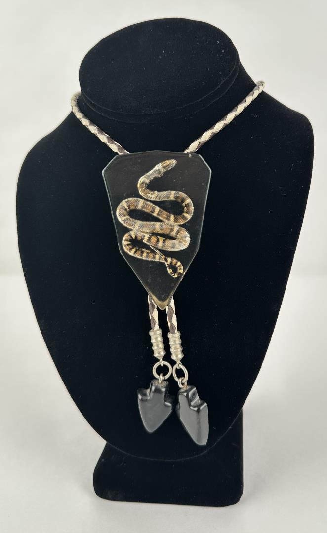 Baby Rattlesnake Lucite Encased Bolo Tie: 15 1/4" long. Norman Sandfield Collection Inv: NO TAG