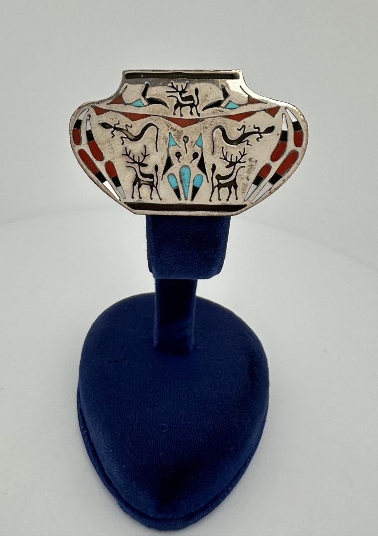 Zuni Inlaid Sterling Silver Brooch: 1 1/2" long, 1 3/8" tall. Norman Sandfield Collection Inv: NO TAG
