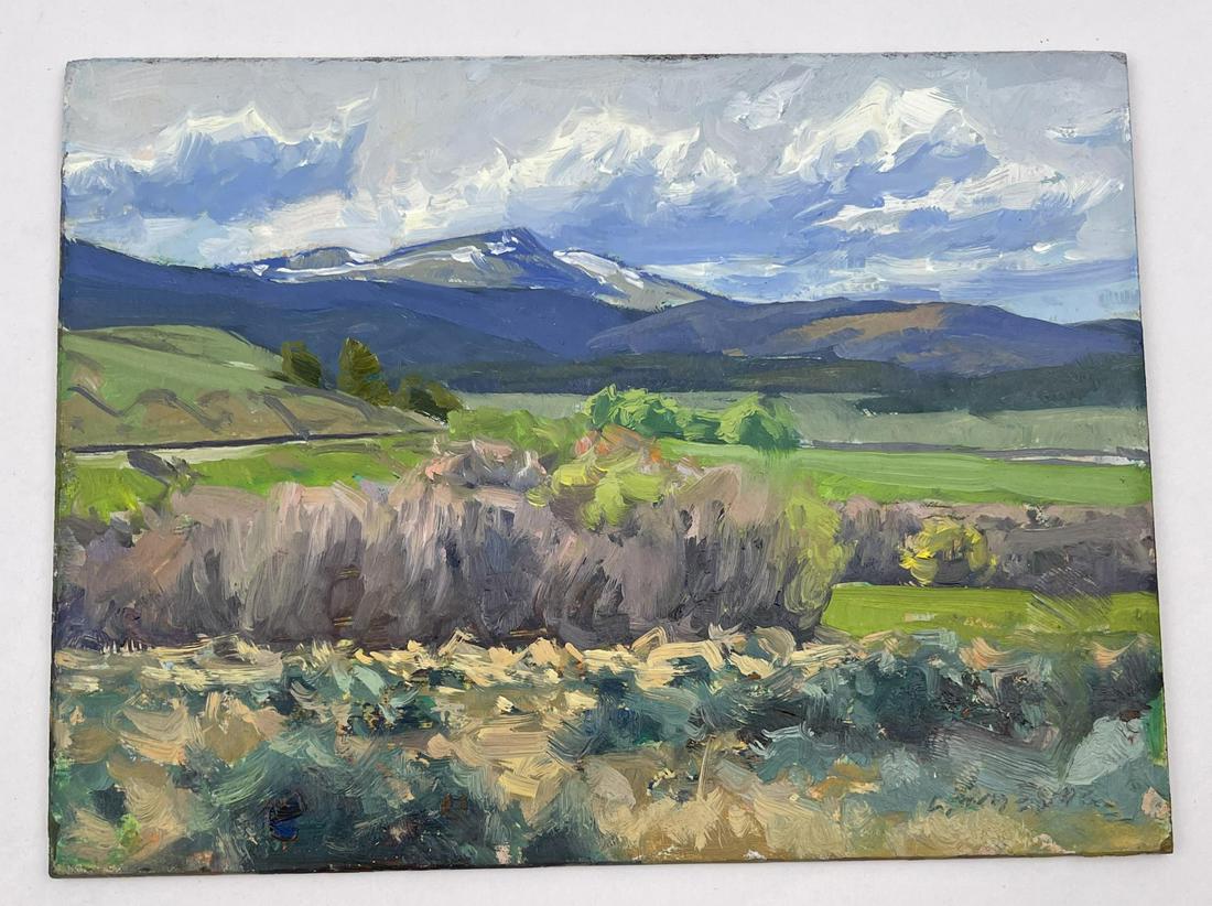 Taylor Lynde Montana Oil Painting: 6" by 8". Oil on board. Title is Rail Line to Lincoln May. Taylor Lynde is a fourth generation resident of Montana. His career has been influenced by two men, artist Scott Switzer and his high school
