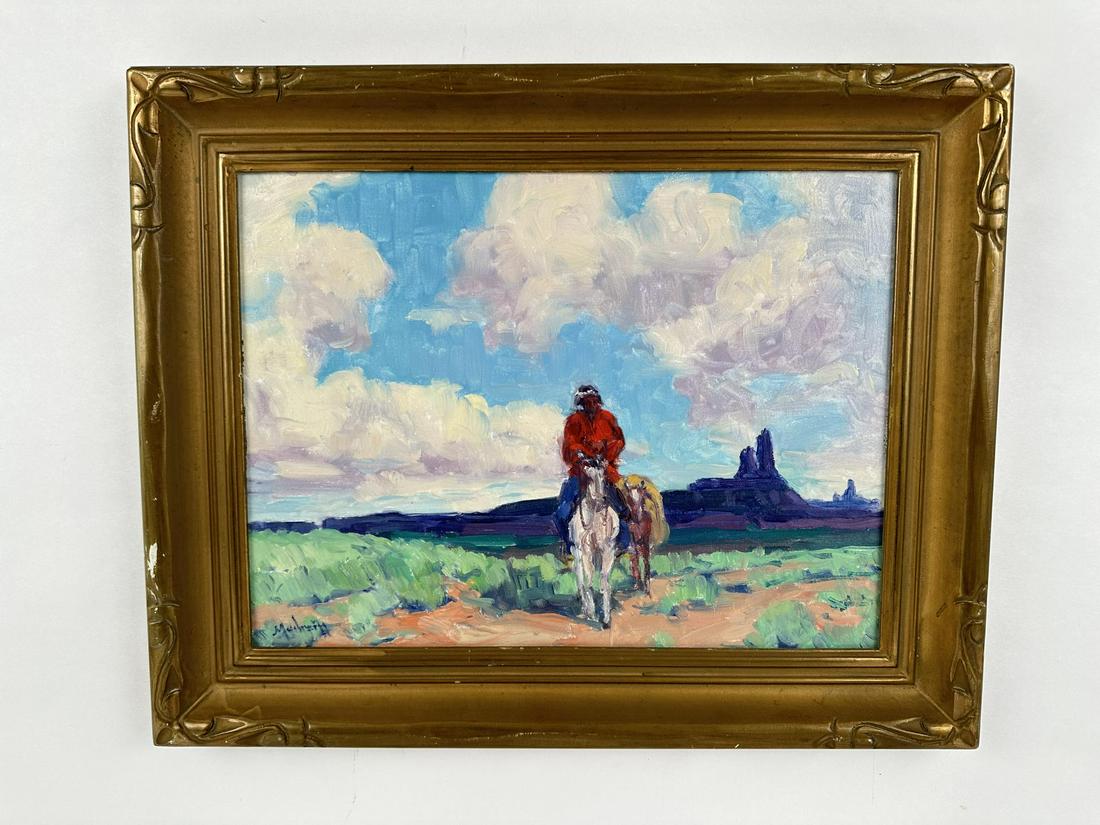 John Modesitt Navajo Trail Oil Painting: Oil on Board. Title is Navajo Trail. 16 1/2" by 20 1/2" framed. John Modesitt (Born 1955) is active/lives in California, New York, New Mexico / France. John Modesitt is known for Figure-Indian, landsc