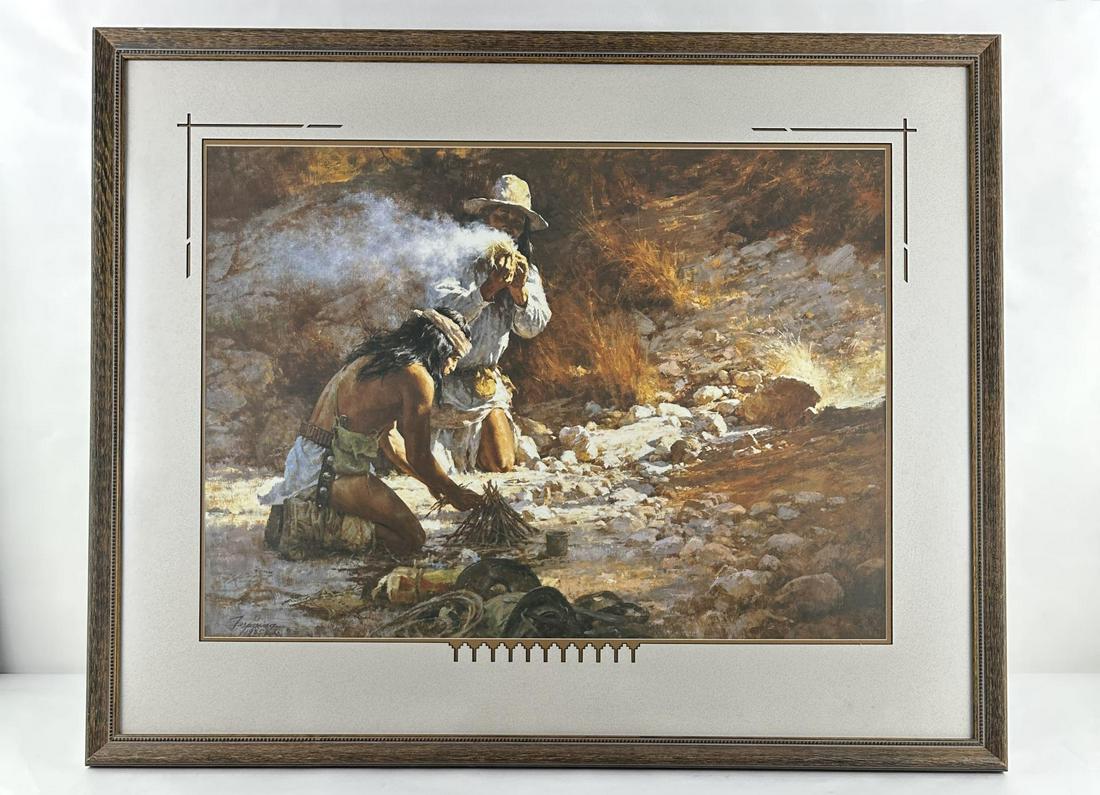 Howard Terpning The Apache Fire Makers Print: 34 1/2" by 42 1/2" framed. Signed and Numbered.