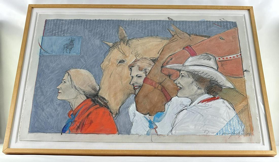 Donna Howell Sickles Cowgirl Painting: Mixed Media on Paper. Title is Right Behind You. 35" by 49" framed. Donna Howell-Sickles (Born 1949) is active/lives in Texas. Donna Howell Sickles is known for Action cowgirl figure paintings, sculpt