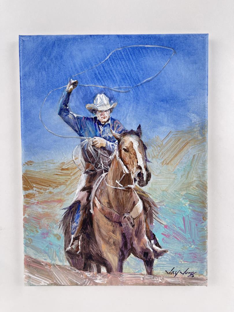 Jay Jung Oil On Canvas Cowboy Painting: 9" by 12". Jay Jung (Born 1955) is active/lives in New York. Jay Jung is known for Painting. American Impressionist Artist Jay Jung - located in New York City, USA. Artist Jay Jung was born in South K