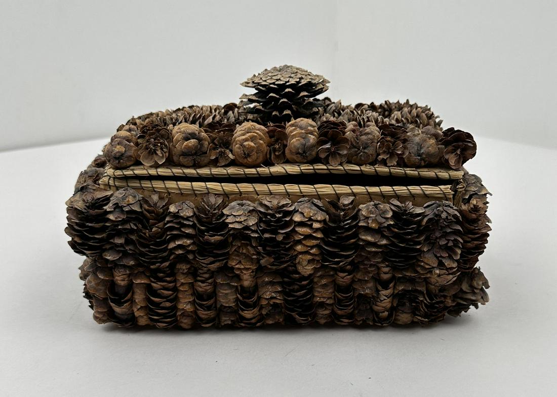 Louisiana Coushatta Indian Pinecone Basket: 9 1/2" by 7 3/8" by 5 1/8".