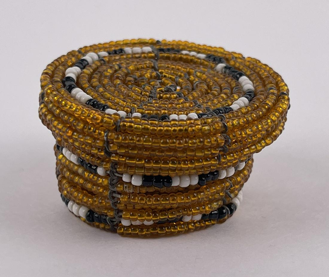 Miniature Beaded Basket: 1 7/8" diameter, 1 1/8" tall.