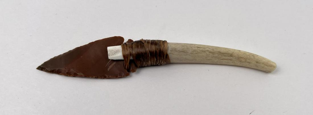 Bo Earls Handmade Horn Handle Knife: Handmade by Bo Earls. Bo is one of the finest modern flint and obsidian knappers. His knives are some of the nicest money can buy. The handle is whitetail deer horn. 5 1/2" long