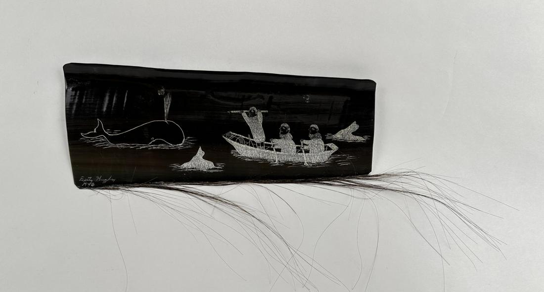 Alaskan Inuit Eskimo Scrimshaw Baleen: 11 1/8" long, 4 3/8" wide.