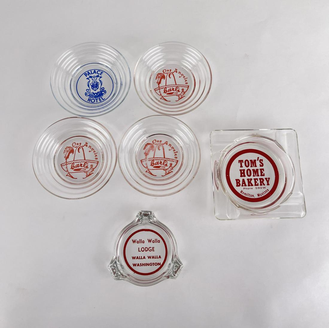 Collection of Nut Tip and Ashtrays: Carl's Los Angeles California, Palace Hotel San Francisco, Toms Home Bakery Hamilton Montana, Walla Walla Lodge Washington.