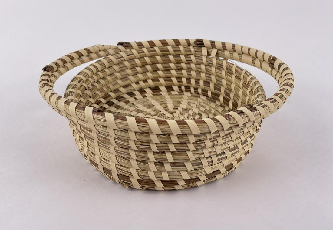 Papago Native American Indian Basket: 7 1/4" in diameter, 7 1/2" long, 2 5/8" tall.