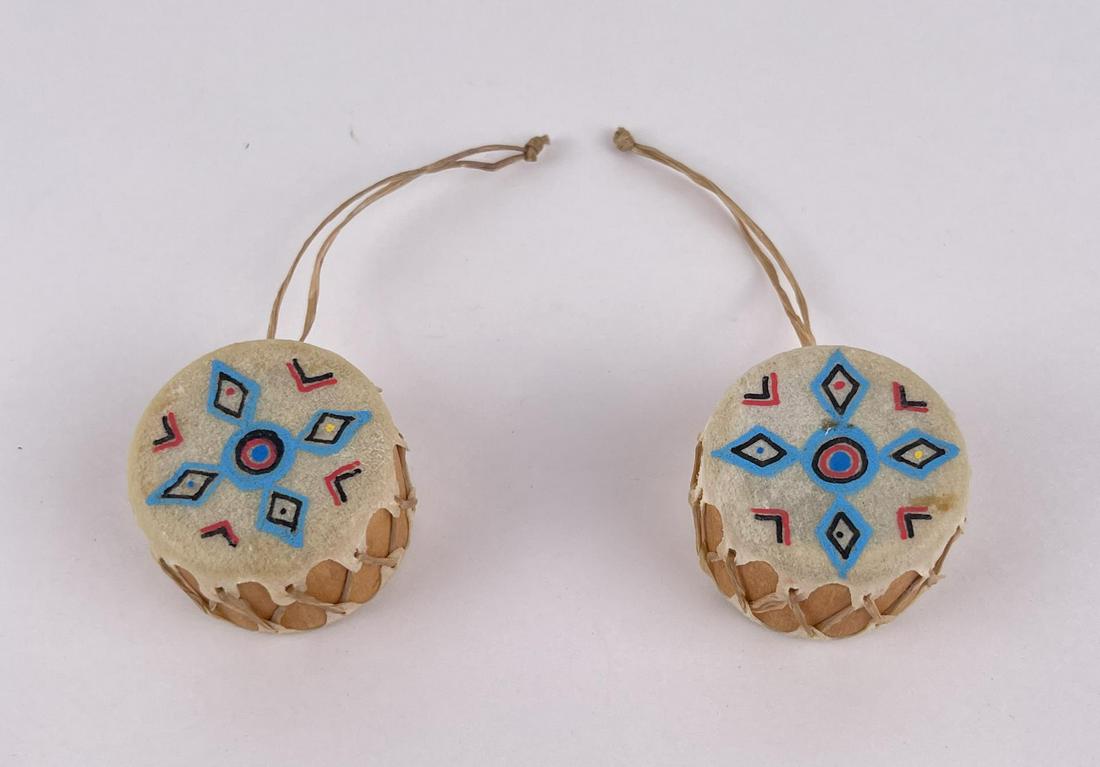 Painted Indian Drum Christmas Ornaments: 1 7/8" in diameter, 1 1/8" tall.