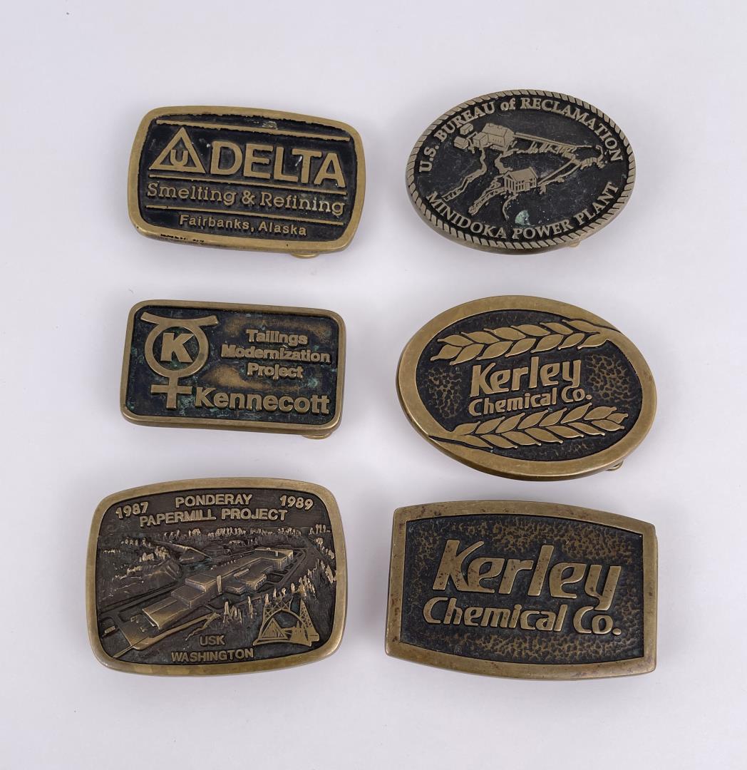 Collection of Vintage Mining Belt Buckles: Largest is 3" long.